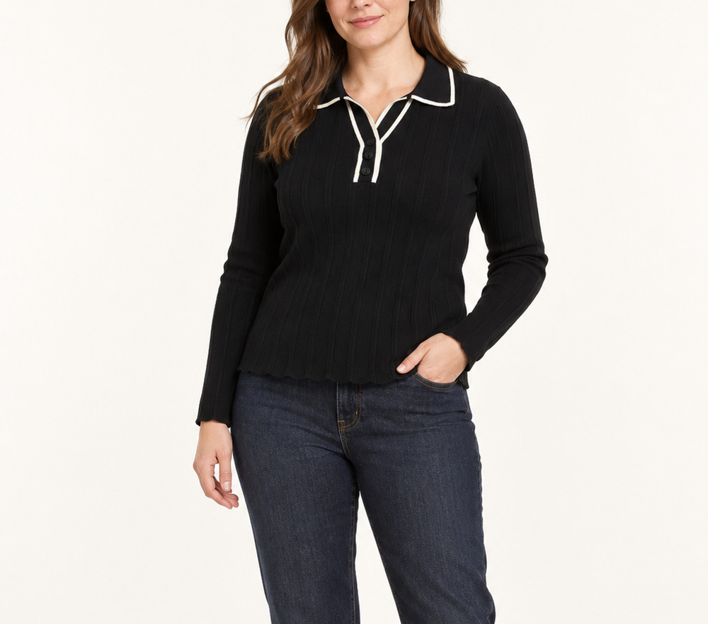 41 Hawthorn Valerie Sweater Women XL Black ribbed Polo Cream Trim